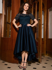 A-Linien-Kleid Mit Kurzen Ärmeln Spitze Und Falten Asymmetrisch Dunkelmarine