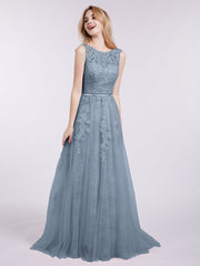 Illusion Ausschnitt Tüll mit Applique Kleid Staubiges Blau