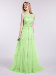 Illusion Ausschnitt Tüll mit Applique Kleid Salbei