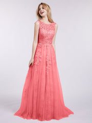 Illusion Ausschnitt Tüll mit Applique Kleid Wassermelone