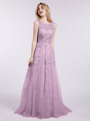 Illusion Ausschnitt Tüll mit Applique Kleid Blauregen