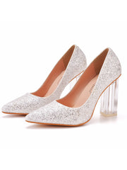Einfache Satin Pumps mit offener Zehenpartie und Transparentem Blockabsatz