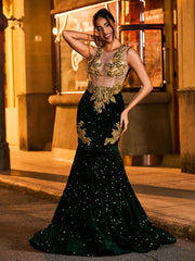 Schillernd Strasssteinen Verziert Meerjungfrau Ballkleid Dunkelgrün