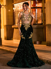 Schillernd Strasssteinen Verziert Meerjungfrau Ballkleid Dunkelgrün