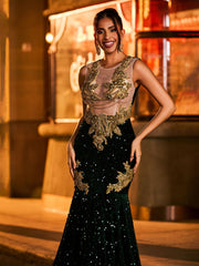 Schillernd Strasssteinen Verziert Meerjungfrau Ballkleid Dunkelgrün