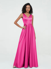 A-Linie V-Ausschnitt Maxi Satin Kleider mit Taschen Fuchsia