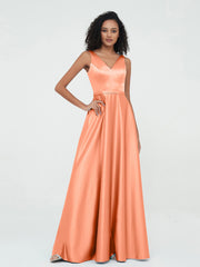 A-Linie V-Ausschnitt Maxi Satin Kleider mit Taschen Papaya