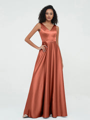 A-Linie V-Ausschnitt Maxi Satin Kleider mit Taschen Rost