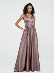 A-Linie V-Ausschnitt Maxi Satin Kleider mit Taschen Vintage Mauve