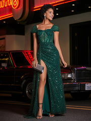 Cap-Ärmel Eingebaut Pailletten Kleid Dunkelgrün