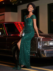 Cap-Ärmel Eingebaut Pailletten Kleid Dunkelgrün