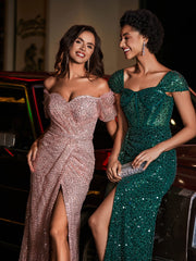 Cap-Ärmel Eingebaut Pailletten Kleid Staubige Rosa