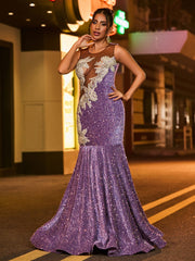 Illusion Ausschnitt Diamant Glitzer Pailletten Meerjungfrau Kleid Terrakotta