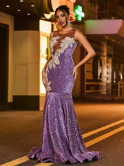 Illusion Ausschnitt Diamant Glitzer Pailletten Meerjungfrau Kleid Tahiti