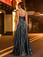 A-Linie Trägerlos Plissee Maxi Kleid Schwarz