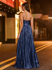 A-Linie Trägerlos Plissee Maxi Kleid Dunkelmarine