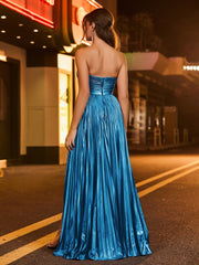 A-Linie Trägerlos Plissee Maxi Kleid Tinte Blau