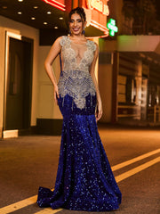 Illusion Netz Strass Pailletten Meerjungfrau Kleid Königsblau