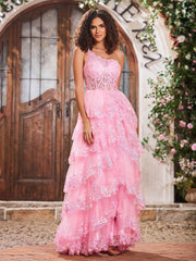 A-Linie Ein-Schulter-Pailletten-Stufenkleid Zartrosa