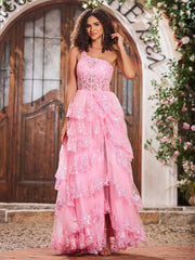 A-Linie Ein-Schulter-Pailletten-Stufenkleid Zartrosa