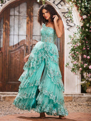 A-Linie Ein-Schulter-Pailletten-Stufenkleid Minzgrün