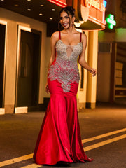 Spaghettiträger Strasssteinen Satin Meerjungfrau Kleid Silber
