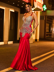 Spaghettiträger Strasssteinen Satin Meerjungfrau Kleid Burgunderrot
