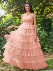 Trägerloses A-Linie langes gestuftes Abschlussballkleid Koralle