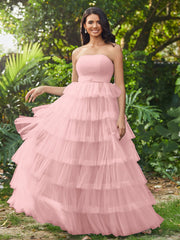 Trägerloses A-Linie langes gestuftes Abschlussballkleid Staubige Rosa