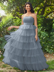 Trägerloses A-Linie langes gestuftes Abschlussballkleid Schiefer Blau