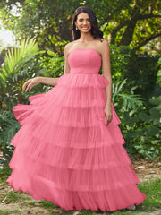 Trägerloses A-Linie langes gestuftes Abschlussballkleid Wassermelone
