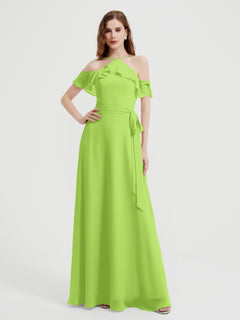 Y-Ausschnitt flattern Ärmel lange Brautjungfernkleider Limettengrün