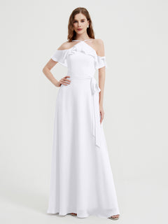 Y-Ausschnitt flattern Ärmel lange Brautjungfernkleider Weiß