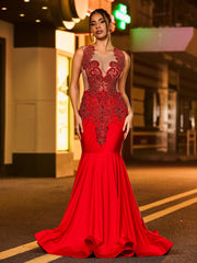 Schimmernd Strasssteinen Besetzt Meerjungfrau Ballkleid Burgunderrot