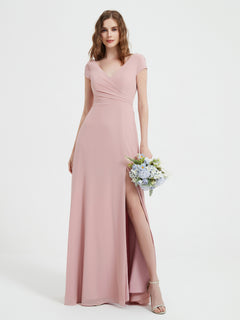 V-Ausschnitt A-Linie Chiffon Kleid mit Schlitz Staubige Rosa