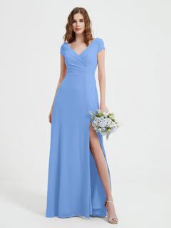 V-Ausschnitt A-Linie Chiffon Kleid mit Schlitz Blau