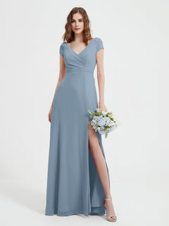 V-Ausschnitt A-Linie Chiffon Kleid mit Schlitz Staubiges Blau