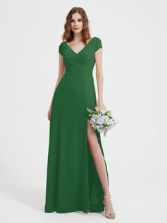 V-Ausschnitt A-Linie Chiffon Kleid mit Schlitz Smaragd