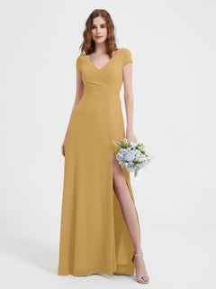 V-Ausschnitt A-Linie Chiffon Kleid mit Schlitz Gold