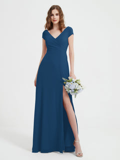 V-Ausschnitt A-Linie Chiffon Kleid mit Schlitz Tinte blau