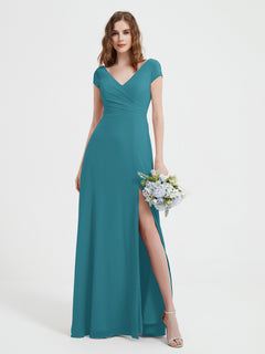 V-Ausschnitt A-Linie Chiffon Kleid mit Schlitz Jade