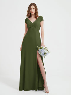 V-Ausschnitt A-Linie Chiffon Kleid mit Schlitz Olivgrün