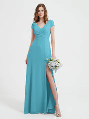 V-Ausschnitt A-Linie Chiffon Kleid mit Schlitz Schwimmbadblau