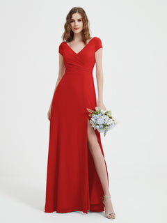 V-Ausschnitt A-Linie Chiffon Kleid mit Schlitz Rot