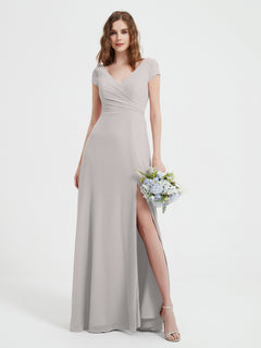 V-Ausschnitt A-Linie Chiffon Kleid mit Schlitz Silber