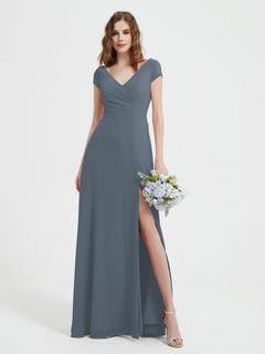 V-Ausschnitt A-Linie Chiffon Kleid mit Schlitz Schieferblau