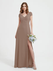 V-Ausschnitt A-Linie Chiffon Kleid mit Schlitz Taupe