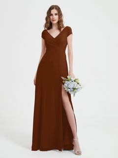 V-Ausschnitt A-Linie Chiffon Kleid mit Schlitz Terrakotta