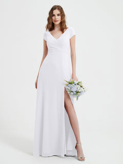 V-Ausschnitt A-Linie Chiffon Kleid mit Schlitz Weiß