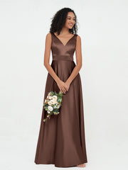 Prinzessin V-Ausschnitt Satin Maxi Kleider mit Taschen Schokolade